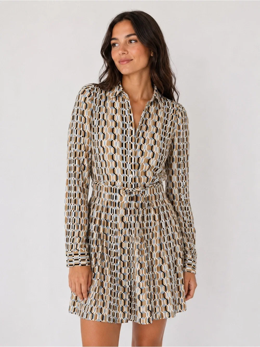 Maje Geometric Print Long-Sleeve Shirt Dress in Beige, Black, and White